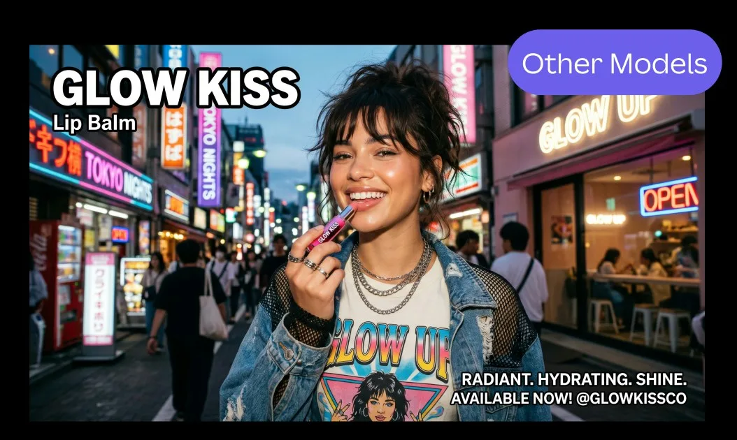 Тот же промпт в других топовых моделях: реклама бальзама Glow Kiss на фоне токийской улицы, композиционно слабее и без рекламной логики