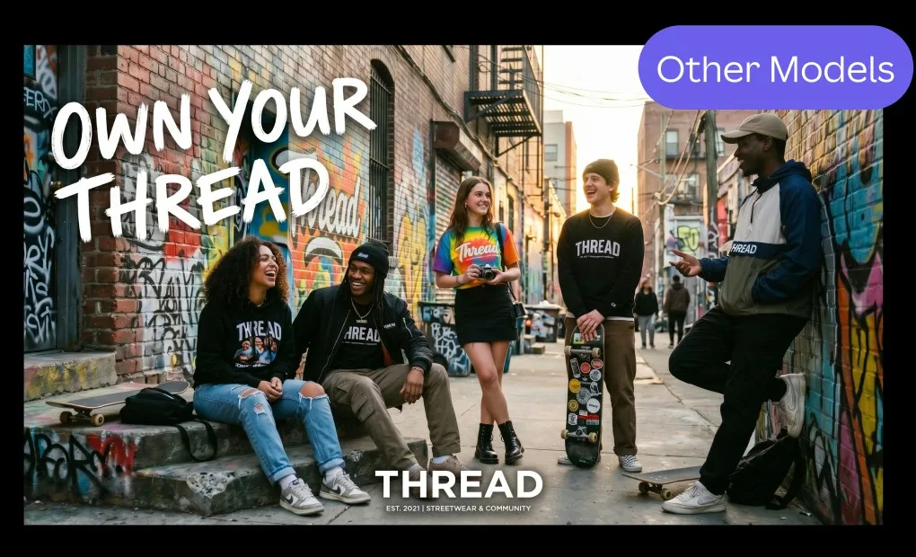 Тот же промпт про бренд Thread в других моделях: компания у стены с граффити, результат заметно дальше от того, что профессионал назвал бы готовым к производству