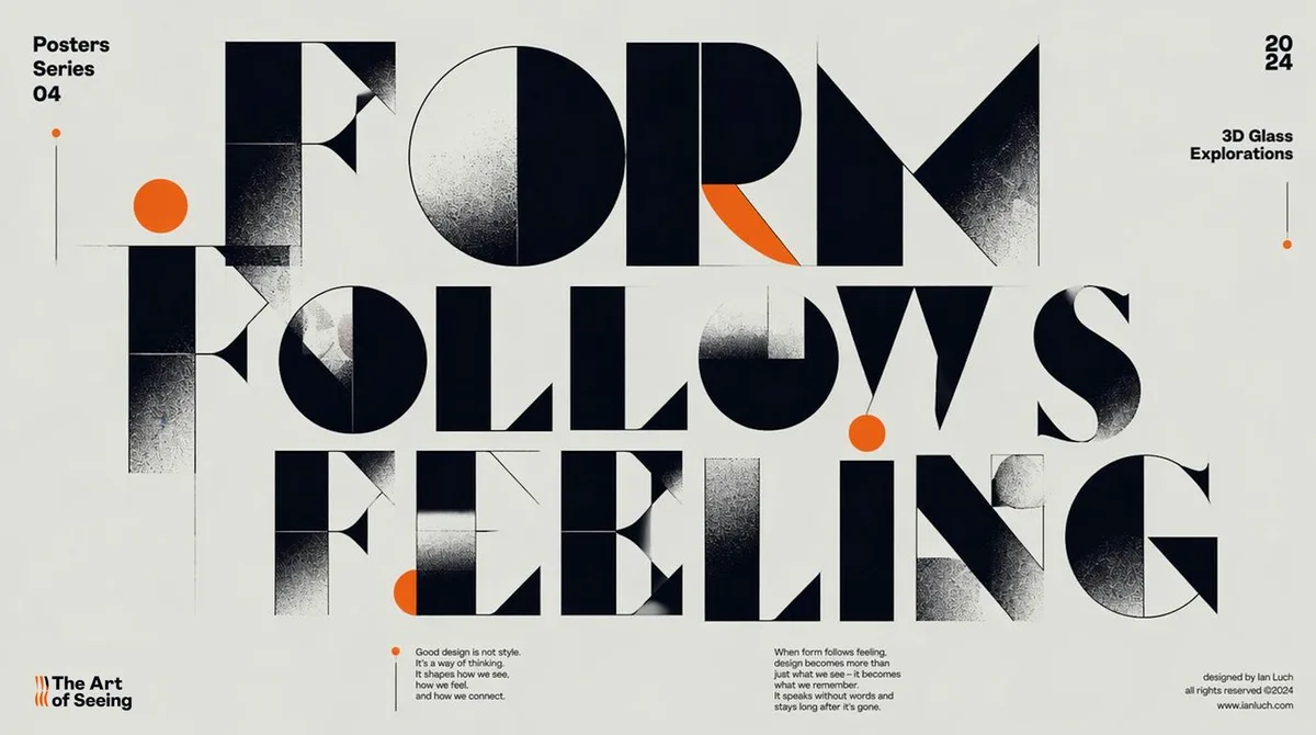 Типографический плакат от GPT Image 2: крупные геометрические буквы «Form Follows Feeling» с оранжевыми акцентами, выходные данные и подписи расставлены как в настоящей полиграфии