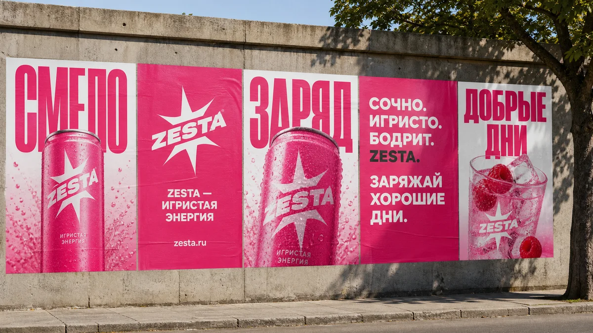 Уличная расклейка плакатов вымышленной газировки Zesta по русскому брифу: розовая банка, крупные слова «Смело», «Заряд», «Добрые дни», текстовый плакат «Сочно. Игристо. Бодрит.», единая айдентика на пяти постерах