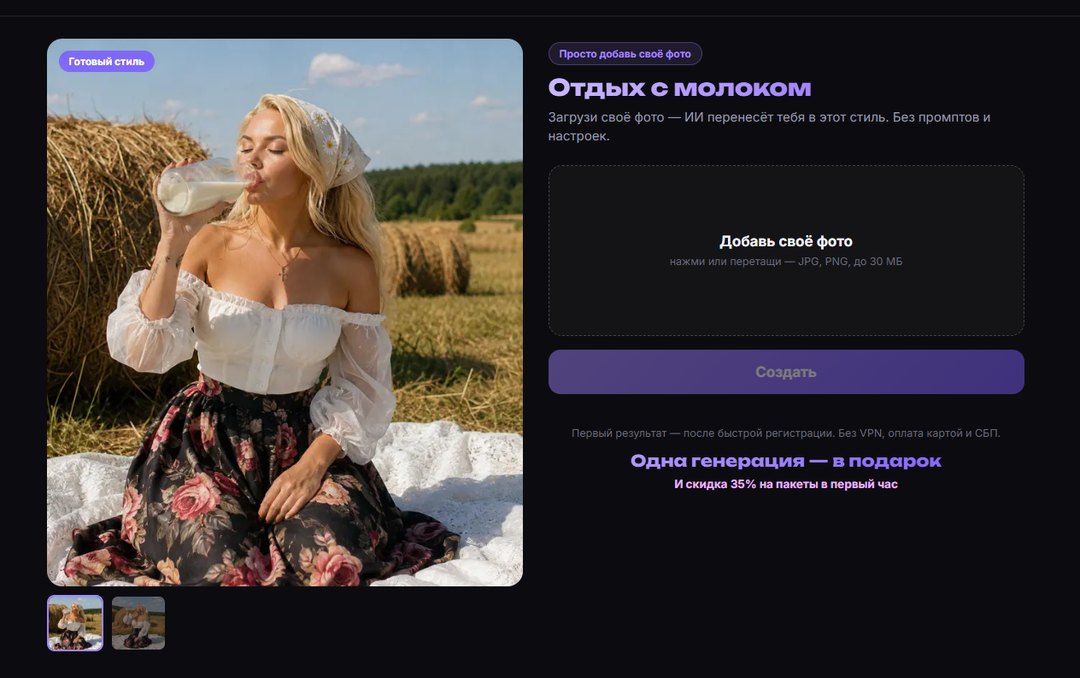 Страница готового образа в mnogoGPT: загрузи фото и нажми «Создать»