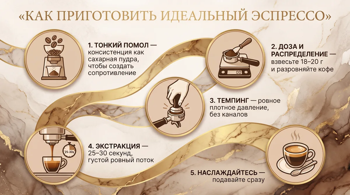 Инфографика, сгенерированная Nano Banana Pro по промпту выше, на русском: пять шагов приготовления эспрессо по S-образной кривой, иконки и подписи читаемы, палитра «мокко-мусс» с золотыми прожилками