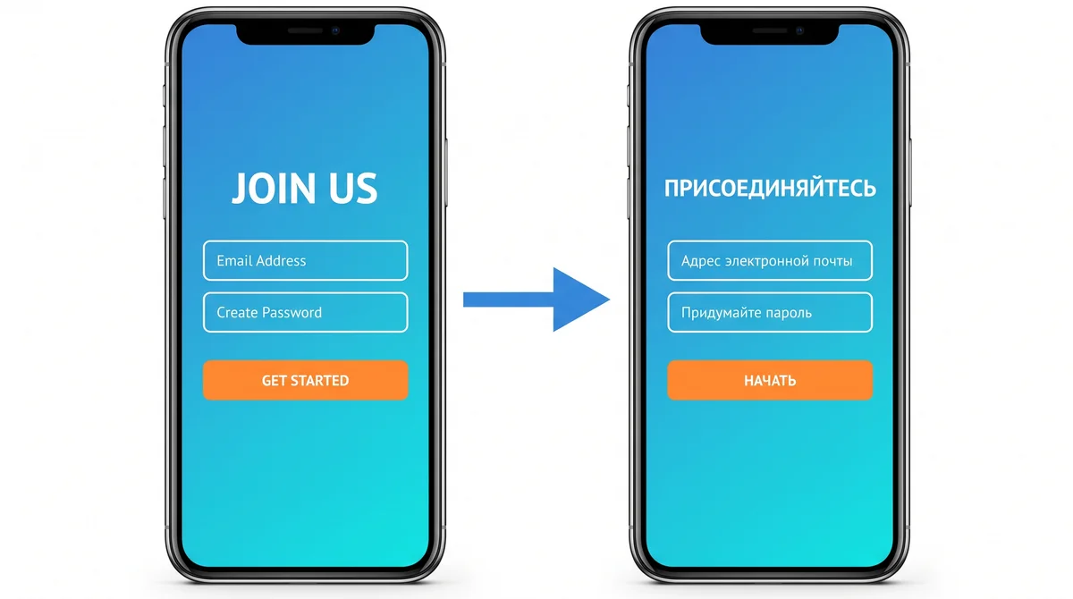 До и после перевода экрана регистрации: слева оригинал на английском «Join us», справа тот же экран на русском «Присоединяйтесь» с сохранёнными градиентом, полями и оранжевой кнопкой