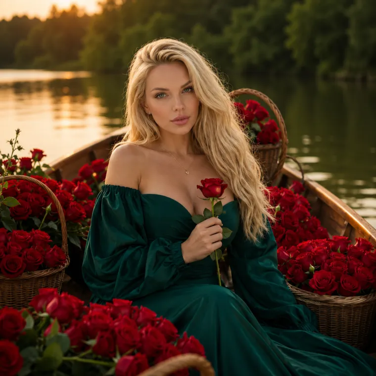 Лодка среди красных роз на тёмной воде