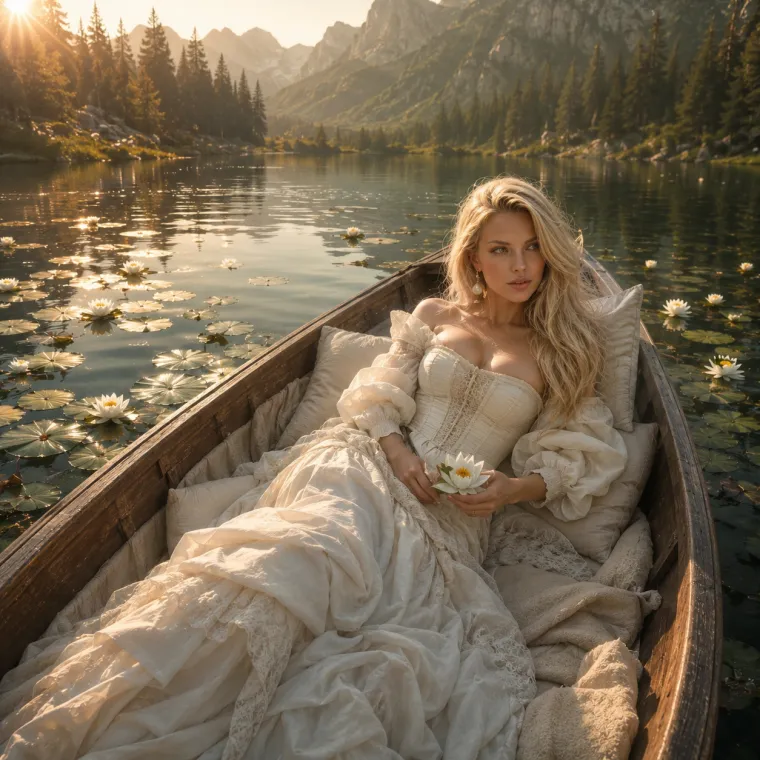 Отражение лодки и неба в воде среди кувшинок