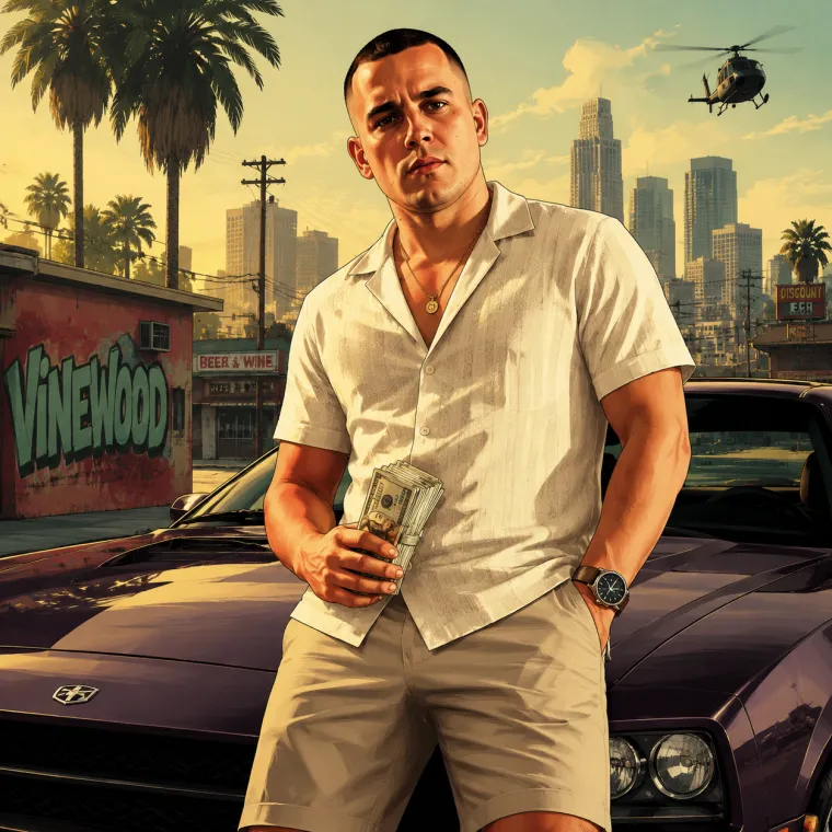 GTA 5: яркий постер в стиле игры, сочные цвета, дерзкий уличный настрой