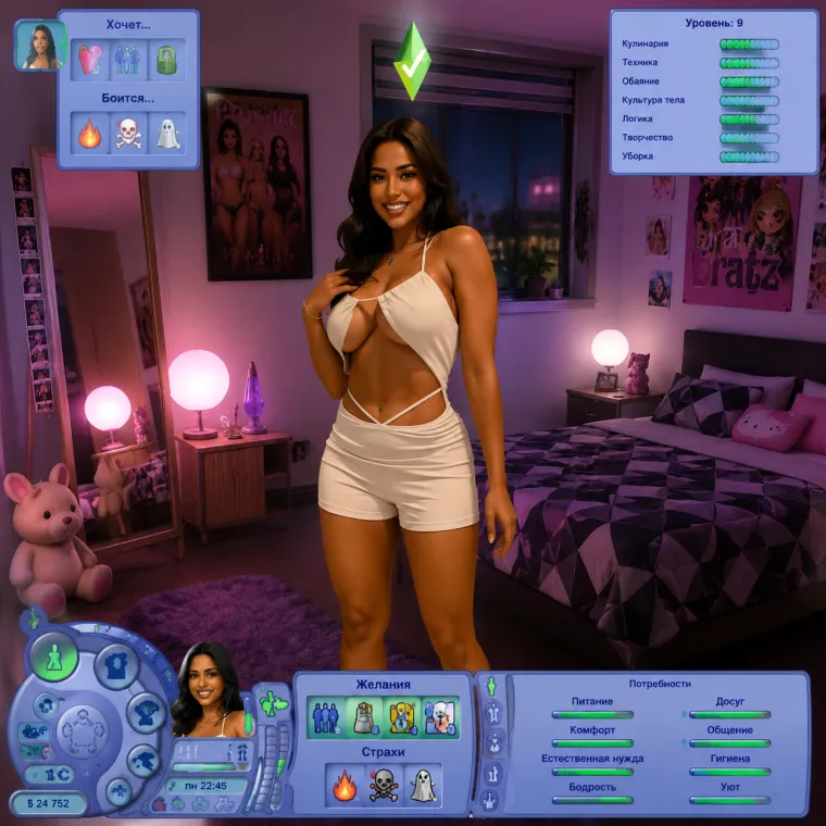 SIMS 4: чистая рендер-графика игры, ровный свет, узнаваемый пламбоб-настрой