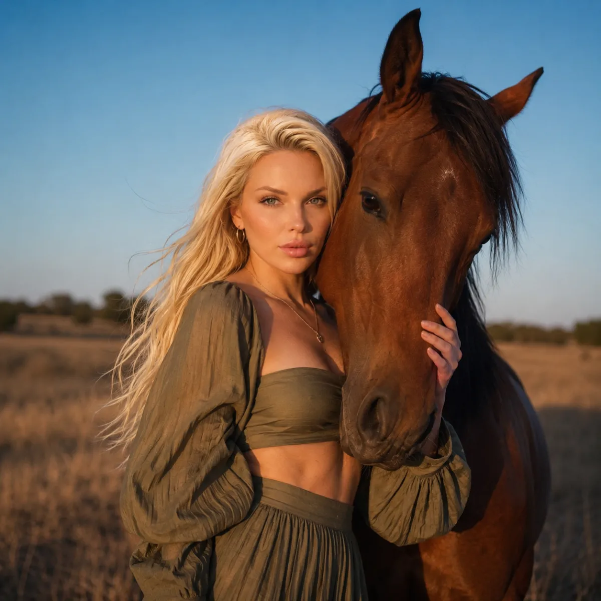 Семейная фотосессия с лошадью на закате в поле