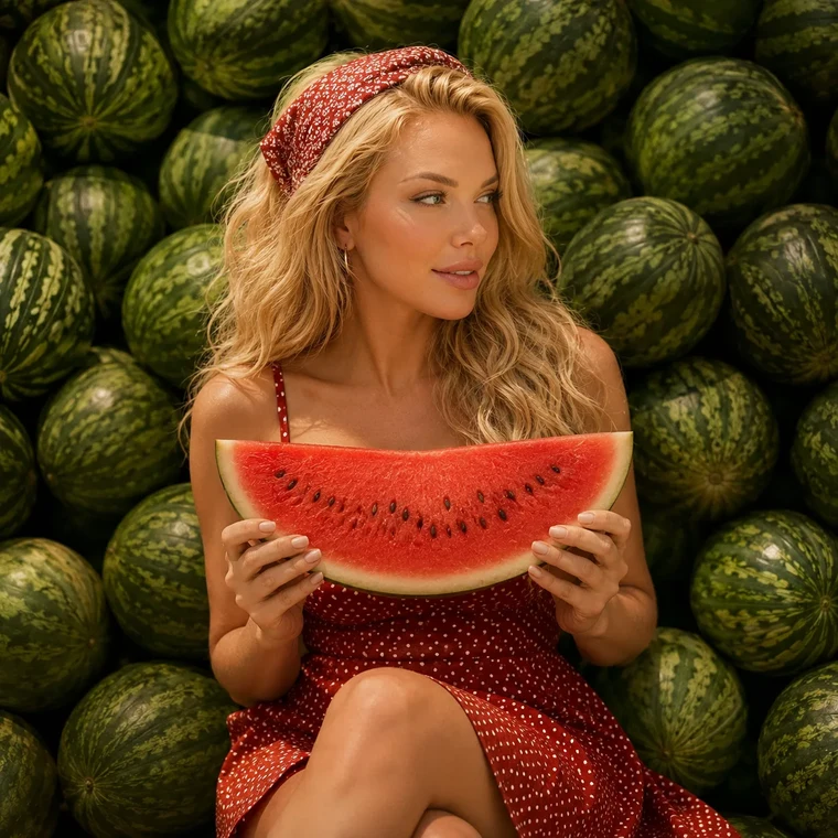 Летний кадр с ломтиком арбуза у щеки
