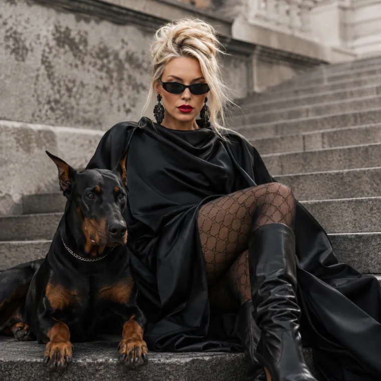 Тёмный Vogue-люкс с доберманом в глянцевой палитре