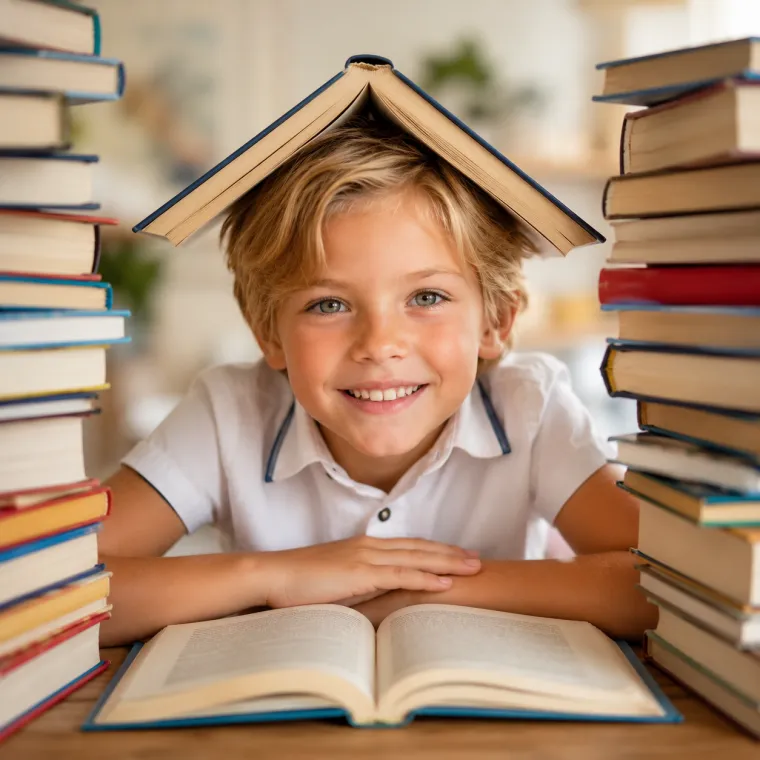 Книжный уют, школьник среди учебников при тёплом свете