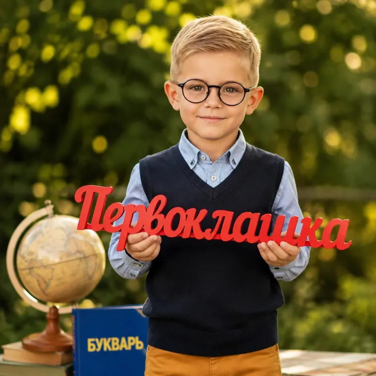 Первоклассник в классической школьной форме на светлом фоне