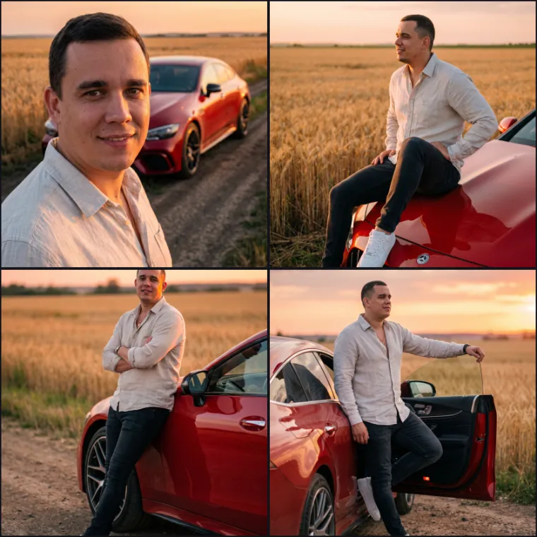 Спорткар в поле — мужская идея для фотосессии