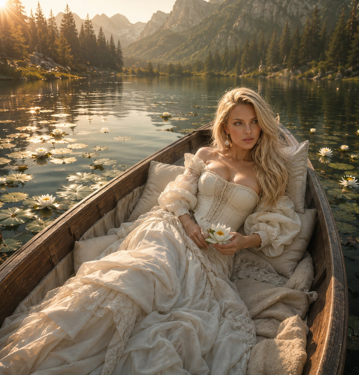 Фотосессия в лодке среди цветов на воде