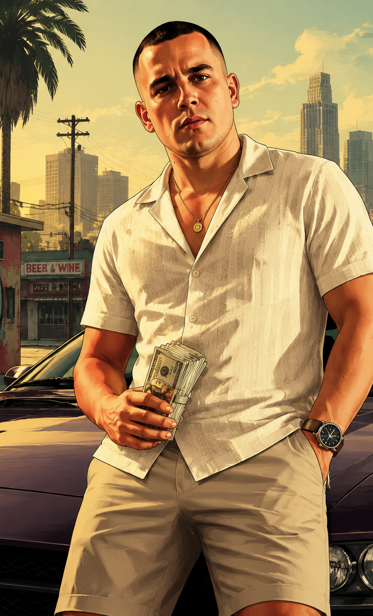 GTA 5: яркий постер в стиле игры, сочные цвета, дерзкий уличный настрой