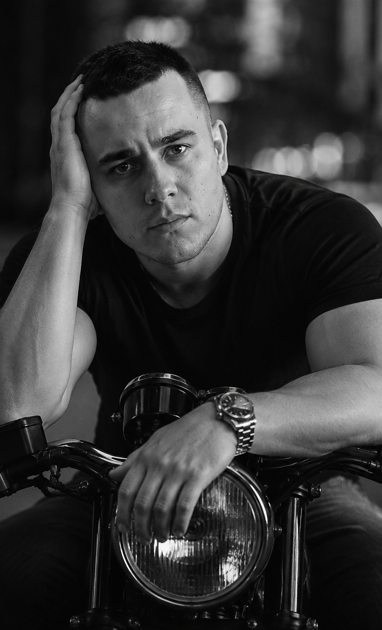 Noir Biker Portrait: байкер у мотоцикла в ночном свете