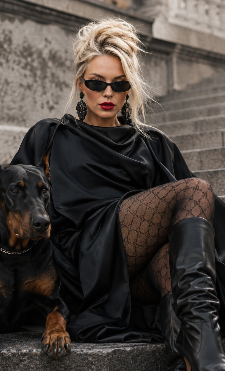 Тёмный vogue образ с чёрным доберманом