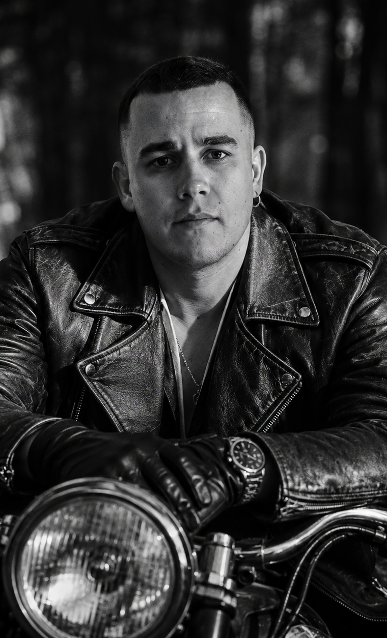 Cinematic Noir Biker: кинематографичный тёмный портрет